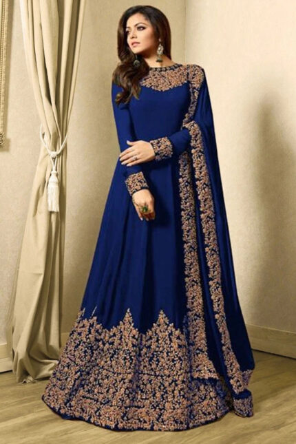 Soft Net Heavy Embroidered Dress Complete 3 Piece Unstitched Code NA-04 Blue