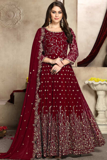 Soft Net Heavy Embroidered Dress Complete 3 Piece Unstitched Code NA-01Mehroon
